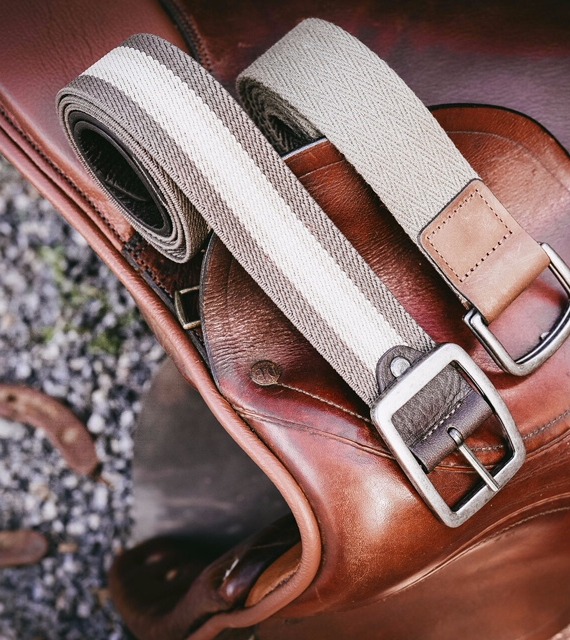 Cinto em Lona Caqui e Couro Napa Calf Castanho - 85