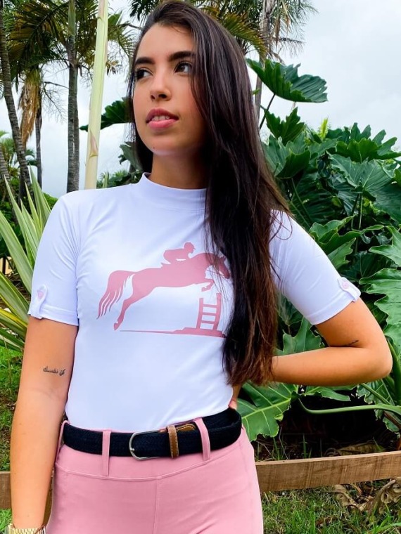 Camisa Hipismo Treino Manga Curta Branca Cavalo Rosa Horse SA